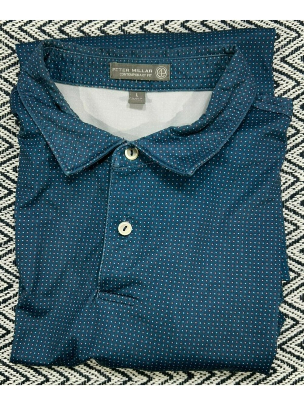 Peter Millar Mens Contemporary Fit Polo Shirt L Blue Polka Dot Pattern Polyester